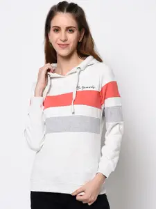 METTLE Women White & Red Striped Hooded Sweatshirt