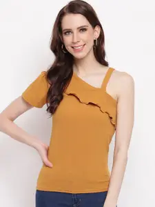 RIVI Women Mustard Yellow Solid Fitted One Shoulder Top