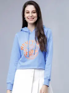 Tokyo Talkies Women Blue Printed Hooded Crop Sweatshirt