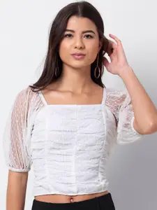 FabAlley Women White Self Design Fitted Top