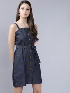 Tokyo Talkies Women Navy Blue Solid A-Line Denim Dress
