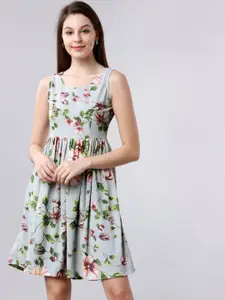 Tokyo Talkies Women Grey & Brown Floral Print Fit and Flare Dress