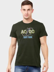 Free Authority Men Olive Green ACDC Printed Round Neck T-shirt