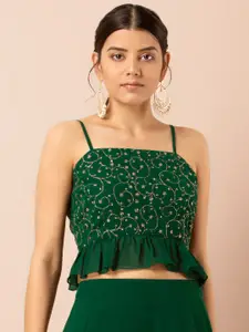 INDYA Women Green Embroidered Crop Peplum Top