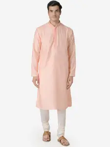 Sanwara Men Peach-Coloured & Off-White Yoke Design Kurta with Churidar