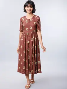 Vishudh Women Brown & Lime Green Printed Fit and Flare Dress