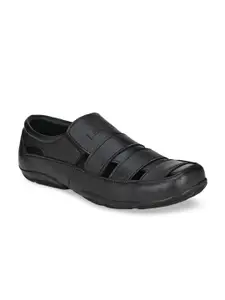 John Karsun Men Black Solid Genuine Leather Shoe-Style Sandals