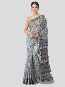 PinkLoom Grey Pure Cotton Woven Design Handloom Jamdani Sustainable Saree