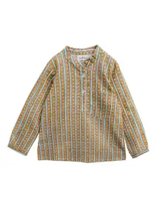 My Little Lambs Boys Brown & Green Striped A-Line Kurta