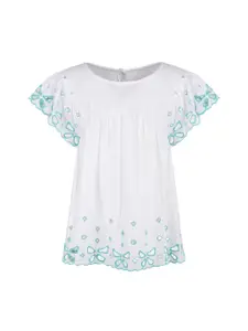 A Little Fable Girls White & Sea Green Embroidered A-Line Pure Cotton Top