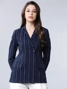 CHIC BY TOKYO TALKIES Women Navy Blue Striped Double-Breasted Pure Cotton Blazer