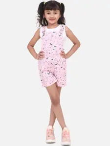 StyleStone Girls Pink & White Printed Dungaree with Top