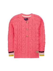 Cherry Crumble Girls Peach-Coloured Self Design Cardigan Sweater