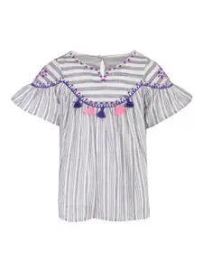 A Little Fable Girls Grey & White Striped Pure Cotton Top
