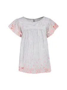 A Little Fable Girls White Striped A-Line Pure Cotton Top