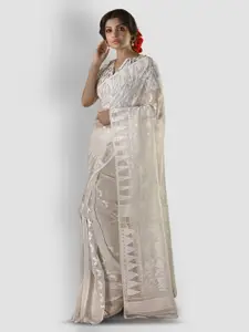 Aryavart White Cotton Blend Woven Design Jamdani Saree