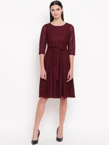 AKIMIA Women Burgundy Lace Fit and Flare Dress