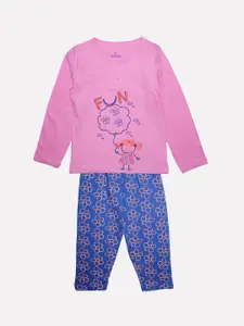 KiddoPanti Girls Pink & Blue Printed Night suit
