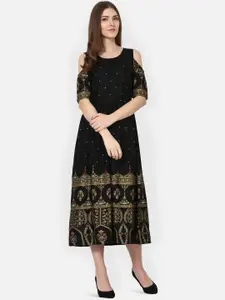 AKIMIA Women Black Printed Fit and Flare Dress