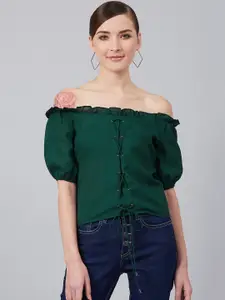 RARE Women Green Solid Bardot Top