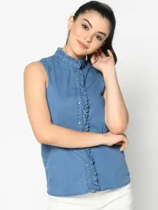 SQew Women Blue Regular Fit Solid Casual Shirt