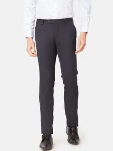 Oxemberg Men Navy Blue Slim Fit Self Design Formal Trousers