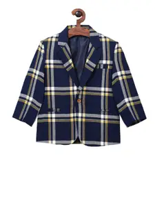 RIKIDOOS Boys Navy Blue & Yellow Checked Comfort-Fit Single-Breasted Blazer