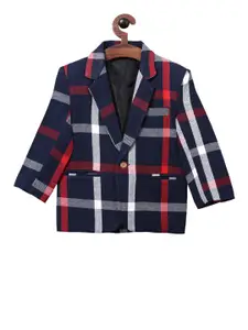 RIKIDOOS Boys Navy Blue & Red Checked Comfort-Fit Single-Breasted Casual Blazer