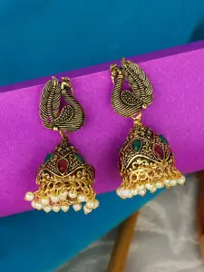 ANIKAS CREATION Gold-Plated Pearl Peacock Shaped Jhumkas