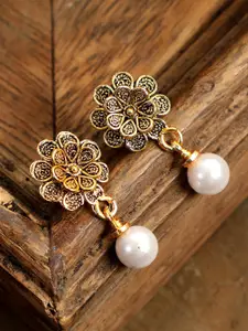 ANIKAS CREATION Gunmetal-Toned Gold Plated Floral Drop Earrings