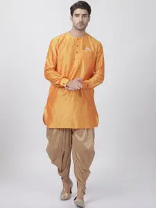 VASTRAMAY Men Orange & Rose Gold Solid Kurta with Dhoti Pants