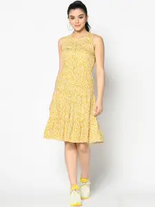 SQew Women Yellow Printed Drop-Waist Dress