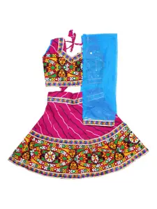 Chipbeys Girls Pink & Blue Embroidered Ready to Wear Lehenga & Blouse with Dupatta