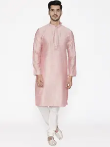 Manyavar Men Pink & White Self Design Kurta with Pyjamas