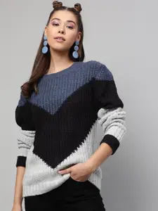 STREET 9 Women Blue & Black Colourblocked Pullover Sweater