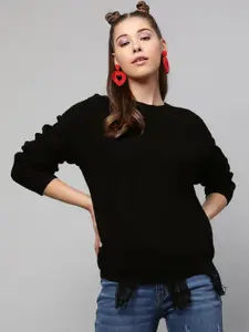 STREET 9 Women Black Ribbed Pullover Acrylic Sweater