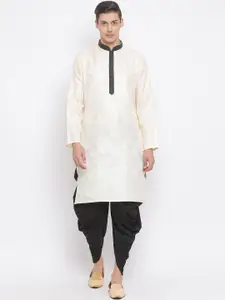 VASTRAMAY Men Cream-Coloured & Black Woven Design Kurta with Dhoti Pants