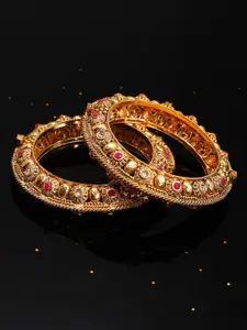 Rubans Set Of 2 Gold-Plated White & Pink Faux Ruby-Studded Handcrafted Bangles