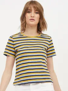 Harpa Women Yellow  Grey Striped Round Neck Pure Cotton T-shirt