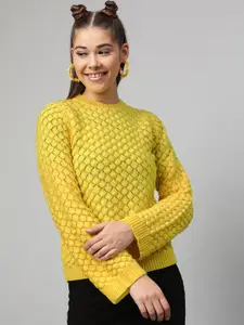 STREET 9 Women Yellow Self Design Pullover Sweater