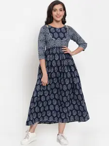 Indibelle Women Blue Printed Fit and Flare Dress