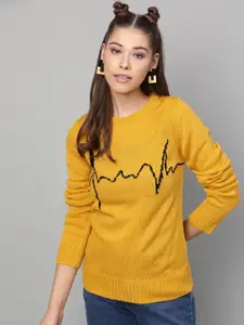 STREET 9 Women Mustard Yellow Printed Acrylic Sweater