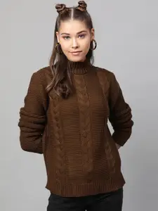 STREET 9 Women Coffee Brown Self Design Pullover Sweater