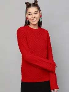 STREET 9 Women Red Self Design Pullover Sweater