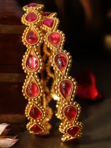 Rubans Set Of 2 Gold-Plated & Red Studded Handcrafted Bangles