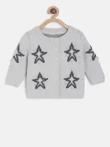MINI KLUB Girls Grey Self Design Cardigan Acrylic Sweater