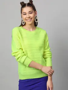 STREET 9 Women Fluorescent Green Self Design Pullover Sweater