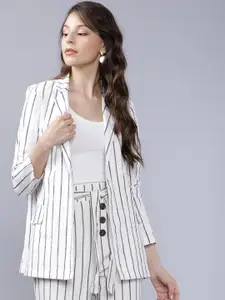 CHIC BY TOKYO TALKIES Women Off-White  Grey Striped Double-Breasted Pure Cotton Blazer