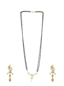 Bhana Fashion Gold-Plated & Black Beaded AD-Studded Mangalsutra With Earrings