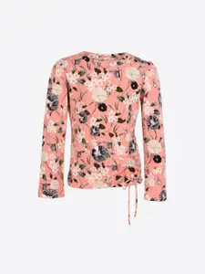CUTECUMBER Girls Peach-Coloured Floral Printed Round Neck T-shirt